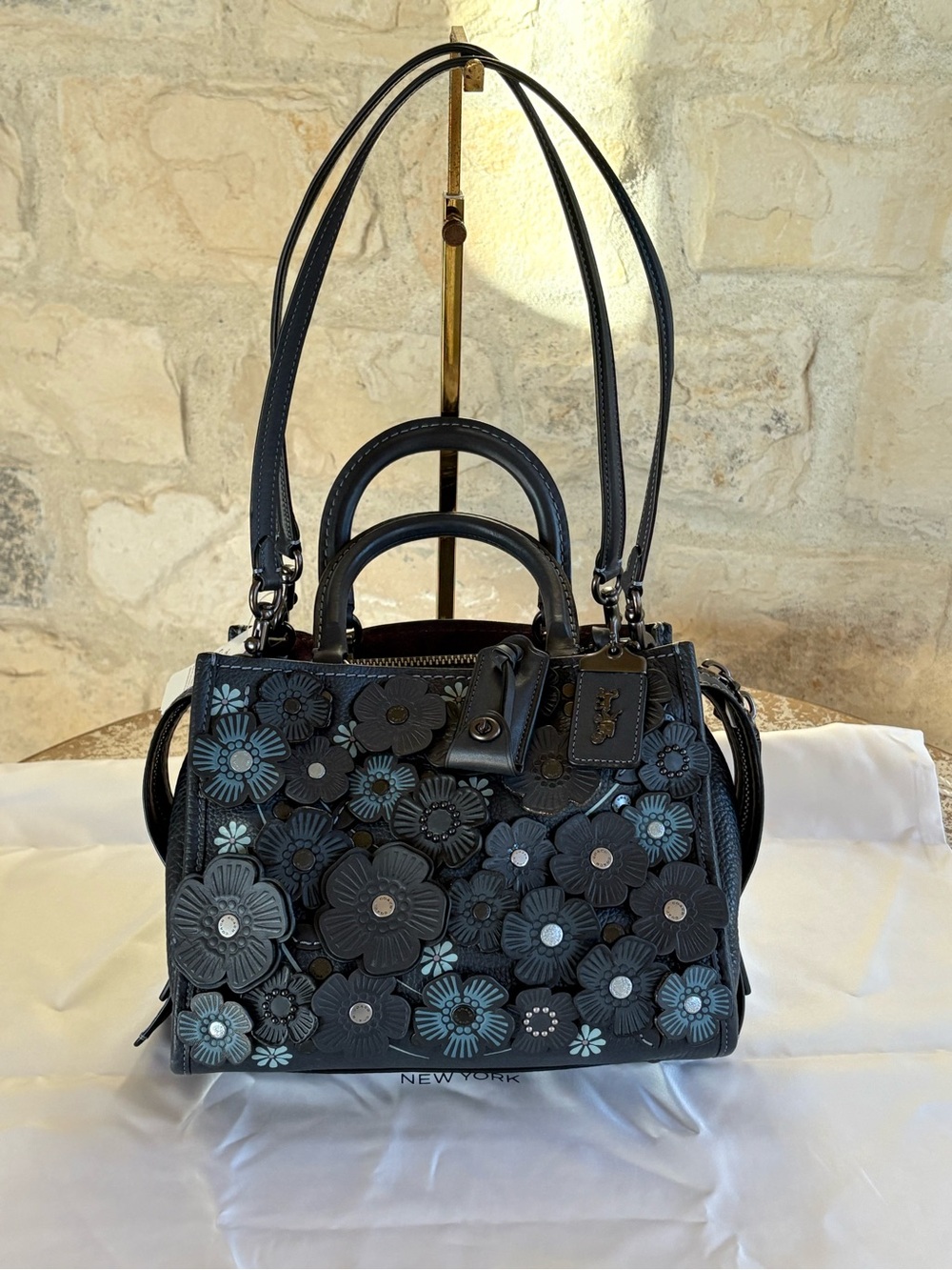 Coach midnight  Leather Floral Appliqué Satchel with Blue Accents